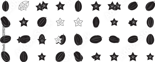 Star fruit carambola vector illustration black and white exotic fruit food healthy diet vitamin c design 100