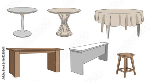 Collection of various tables and a stool in a modern and classic furniture design style