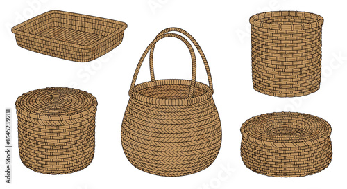 Collection of rustic woven baskets showcasing various shapes and sizes for storage and decoration