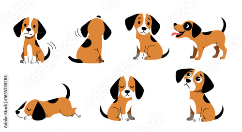 Adorably cute beagle puppies depicted in various playful and relaxed poses demonstrating their charming personalities