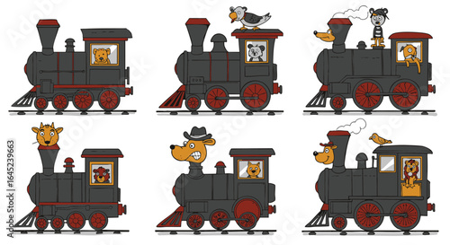 A charming collection of cartoon animal characters, including a bear, dog, and lion, driving vintage steam locomotive trains.