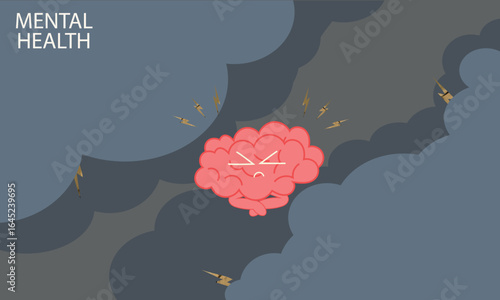 Vector illustration of an angry stressed brain surrounded by dark storm clouds and lightning bolts. Concept of mental health problems, stress, anxiety, and emotional overload. Flat design.