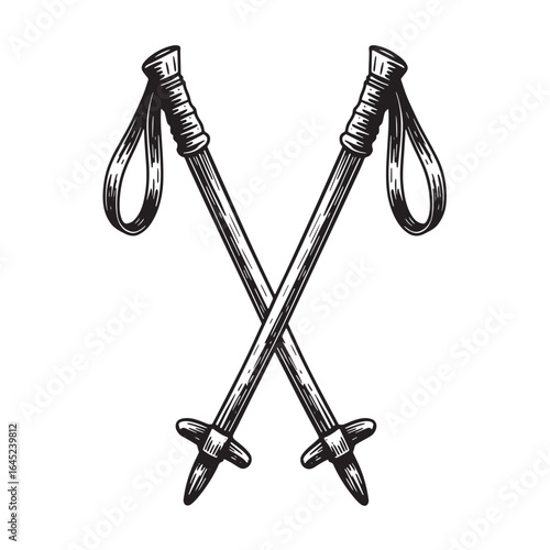 Hand drawn illustration of crossed ski poles in a classic engraved style with fine details.