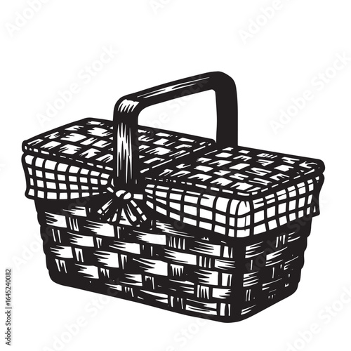 Hand-drawn illustration of a woven picnic basket ready for outdoor dining and enjoyment.