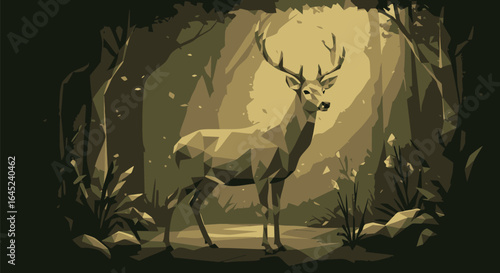 Noble stag standing as a solitary figure in a stylized, geometric forest illuminated by ethereal light.