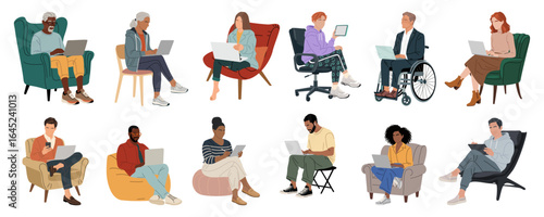 Set of Business people working at laptop. Different casual men, women sitting on armchairs, chairs, wheelchair with computer, laptop. Vector realistic illustration isolated on transparent background.