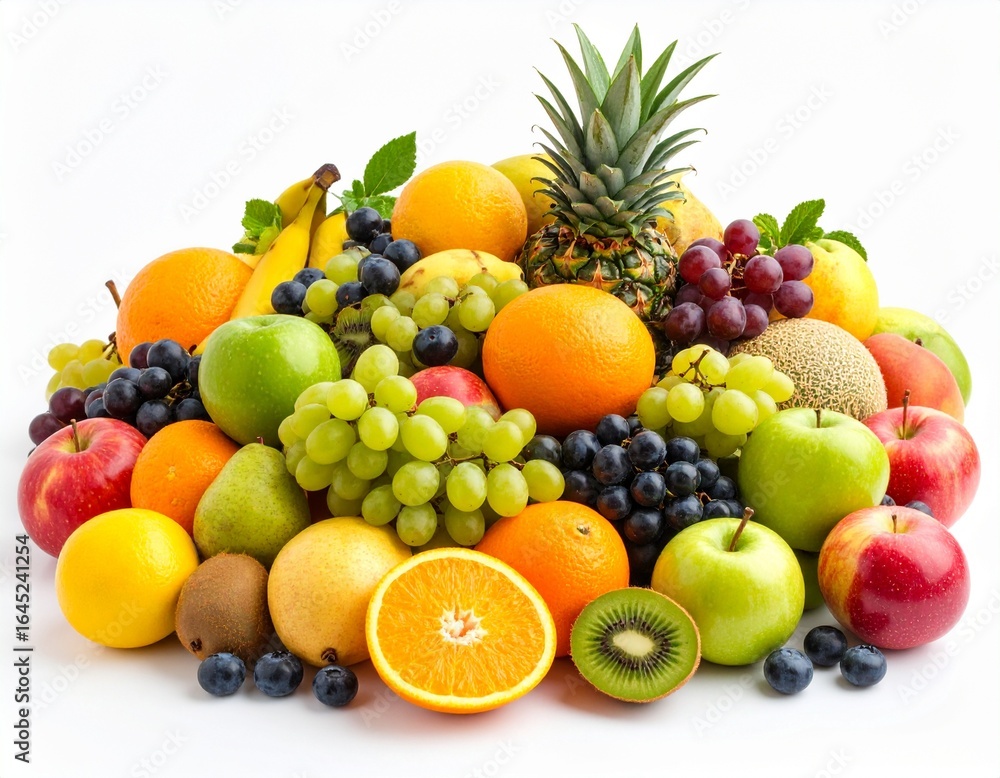 Vibrant assortment of fresh ripe fruits including pineapple, grapes, and apples on a white background. Vibrant assortment of fresh ripe fruits including pineapple, grapes, and apples on a white background.