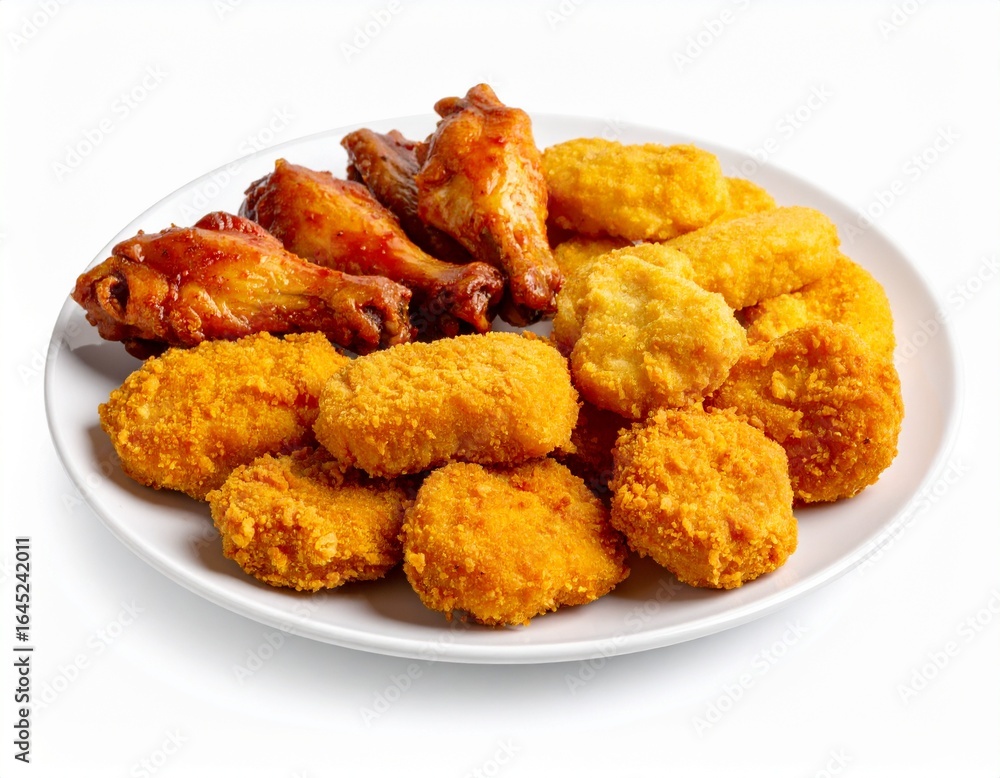 Crispy golden chicken nuggets and saucy barbecue wings on a white plate isolated on a white background. Crispy golden chicken nuggets and saucy barbecue wings on a white plate isolated on a white background.