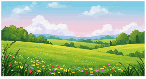 Lush Green Rolling Hills Landscape with Wildflowers and Blue Sky Illustration