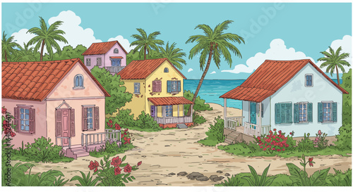 Charming Caribbean seaside village with colorful houses and palm trees