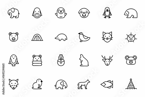 Arctic animals icon bundle – 30 minimal line icons of polar bear, seal, walrus, arctic fox, penguin, editable vector.