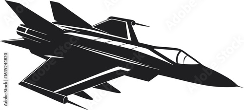 Stealth fighter jet streaks skyward in a bold black-and-white silhouette.