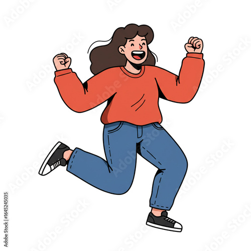 Joyful woman triumphantly celebrating success with raised fists and energetic leap
