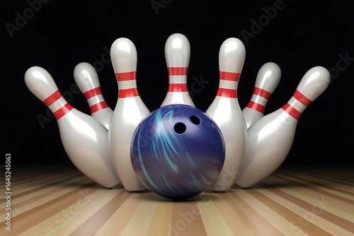 Exciting bowling strike setup with vibrant blue ball ready to knock down pins on wooden lane for sports and recreational fun