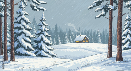 Snowy Cabin in Winter Forest Illustration