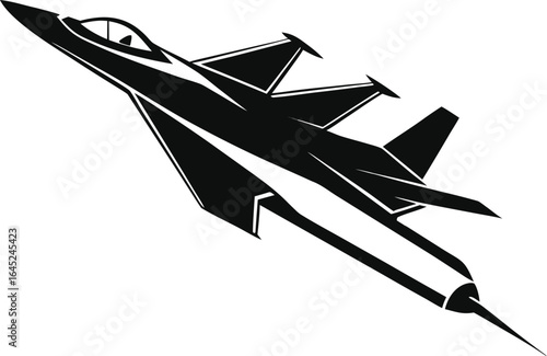 Stealth fighter jet streaks skyward in a bold black-and-white silhouette.
