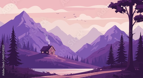 Tranquil Purple Mountain Landscape with Rustic Cabin by the Lake