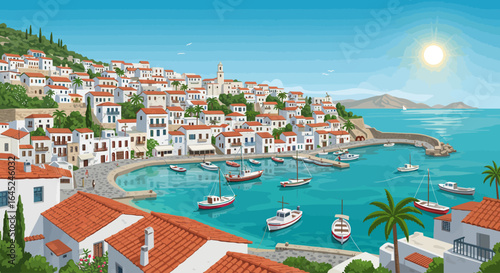 Picturesque Coastal Village Harbor Scene with Boats and Bright Sunlight