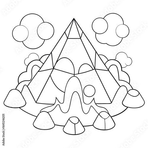 Vector art of geometric pyramid structure surrounded by mountains and clouds