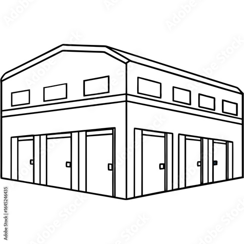 Vector art of outline drawing of a commercial warehouse building with multiple garage doors