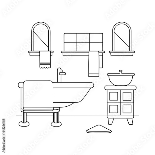 Vector art of bathroom interior elements with sink, tub, cabinet, and mirror isolated on white background