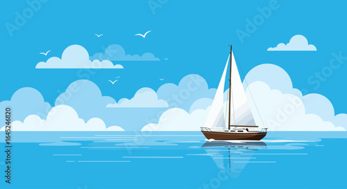 Sailboat cruising on the calm ocean waters under a cloudy sky, vector art illustration.
