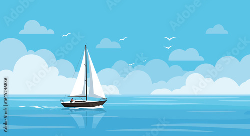 Serene Sailboat Journey on a Calm, Cloud-Dotted Ocean
