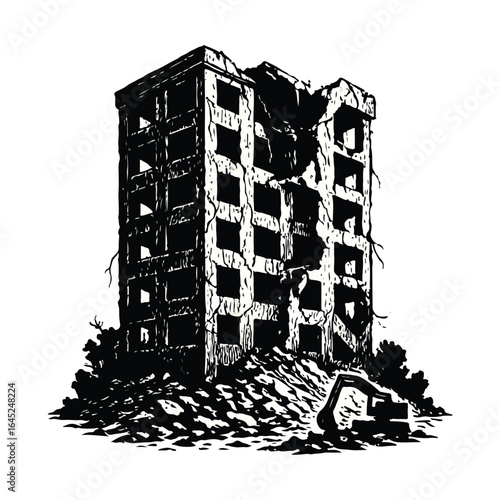 Abandoned Destroyed Building Ruins Silhouette Vector

