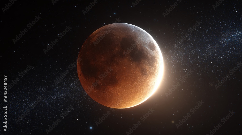 Fototapeta premium Ethereal celestial body. Detailed shot shows the play of light and shadow. The reddish glow, contrasting with the deep black of space, evokes a sense of mystery.