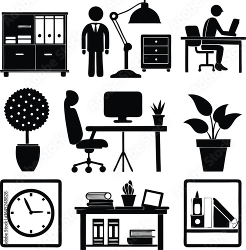 Office Icon Set: Workspace Furniture, Desk, Chair, Plants, Clock, and Business Person Silhouette