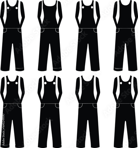 Black Overalls Vector Set: Clothing, Fashion, Workwear, Apparel, Silhouette, Jumpsuit, Bib Overalls