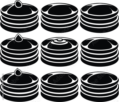 Black and White Pancake Stacks Illustration, Breakfast Food Graphic, Syrup Drip, Vector Art