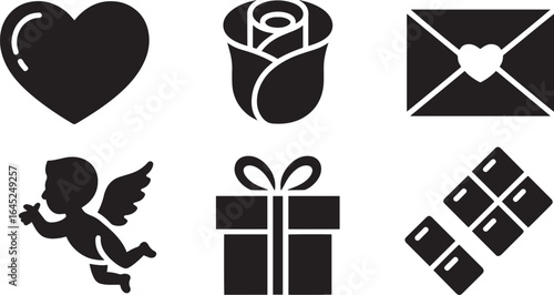 Affectionate Symbols Set Heart Rose Envelope Cupid Gift Chocolate Circle Black Vector