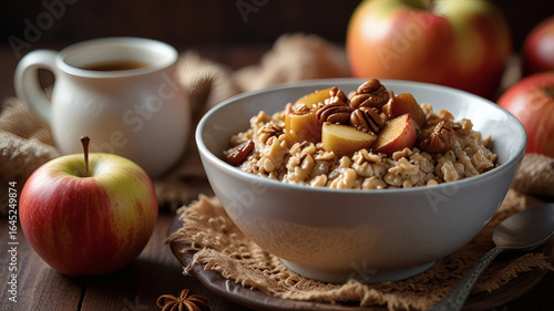 Healthy Autumn Breakfast with Oatmeal, Apples, and Nuts on Rustic Wooden Table