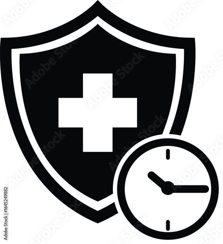 Life insurance icon. Longterm care sign. Shield with plus and time symbol. flat style.