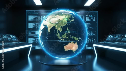 Futuristic Global Network and Data Visualization on Digital Earth in High-Tech Control Room