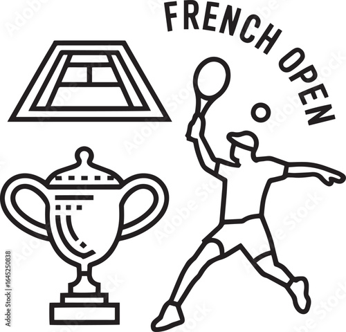 French Open Tennis Icons Set Tennis Court Trophy Tennis Player Sport Competition Design