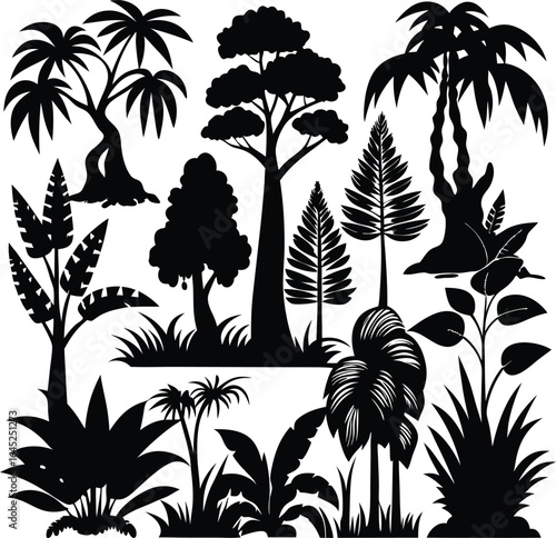 Jungle Silhouette Vector: Tropical Trees, Plants, Foliage, Forest Design Elements