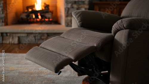 Relaxing recliner chair with footrest extended in front of a warm fireplace