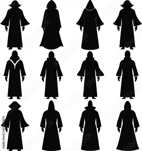 Silhouette Cloak Robe Vector Set: Hooded Garment Designs, Medieval, Fantasy, Costume, Apparel Template