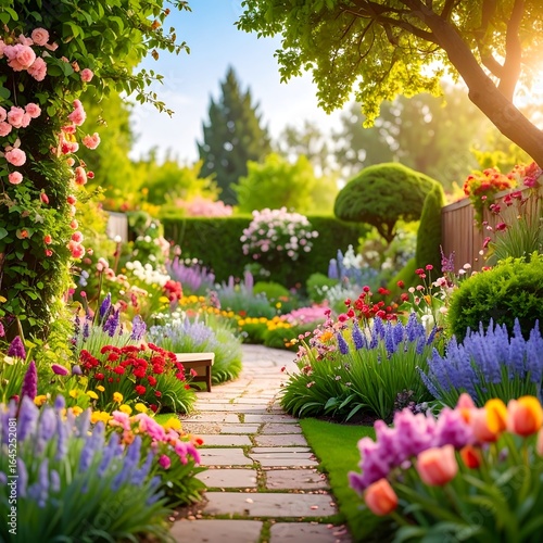 Fototapeta Naklejka Na Ścianę i Meble -  Sunlit garden path flanked by vibrant blooms