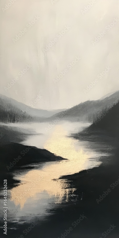 Naklejka premium Serene Gold-Lit River Valley Landscape Painting