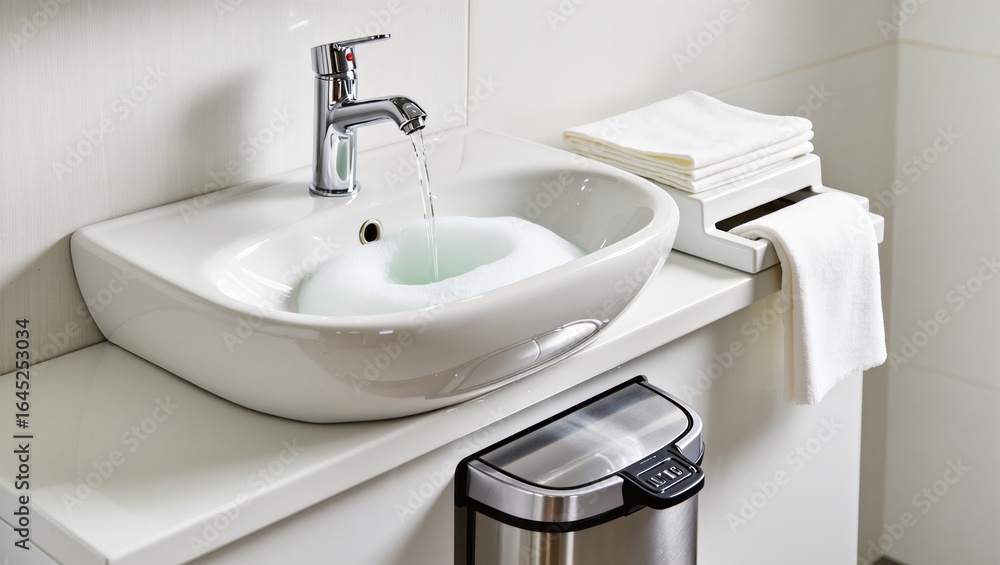 Fototapeta premium Modern Bathroom Sink with Flowing Water and Clean Towels on a Stylish Countertop
