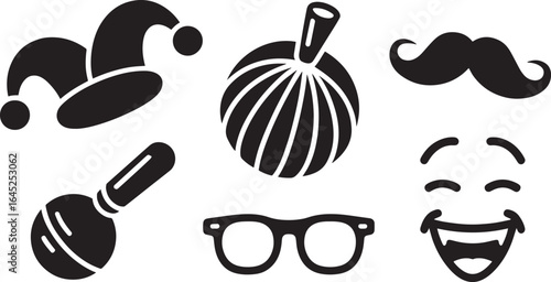 Whimsical April Fool's Day Icons Featuring Jester Hat, Noise Maker, Glasses, and Laughing Face
