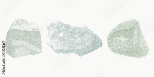 Mineral cluster drawings with classic ink style. Gritty halftone screen, photocopy dust, aged paper texture and soft threshold detailing throughout.