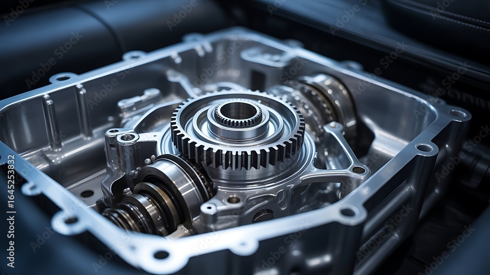 Fototapeta premium Complex Automotive Gearbox Assembly Exposed Gears and Precision Engineering Shiny Metal Parts and Components Visualizing Mechanical Power Transfer Systems