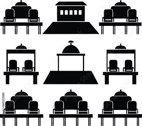 Black and White Vector Illustration of Stage, Podium, and Lectern Icons for Presentations