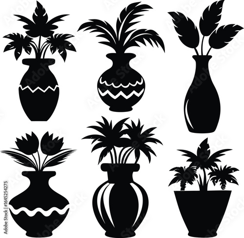 Black and White Vector Art of Potted Plants and Flowers in Decorative Vases Silhouettes