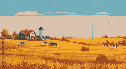 Idyllic agricultural landscape illustration of a modern farm with a tractor, cows grazing in a golden field, and wind turbines.