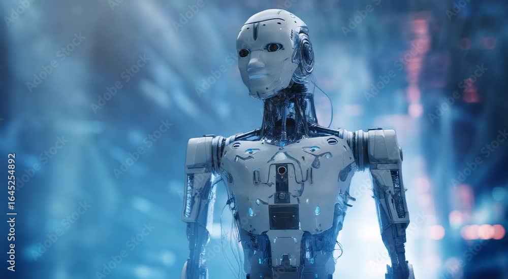 Futuristic humanoid robot standing in a high-tech environment with glowing lights and intricate details Futuristic humanoid robot standing in a high-tech environment with glowing lights and intricate details